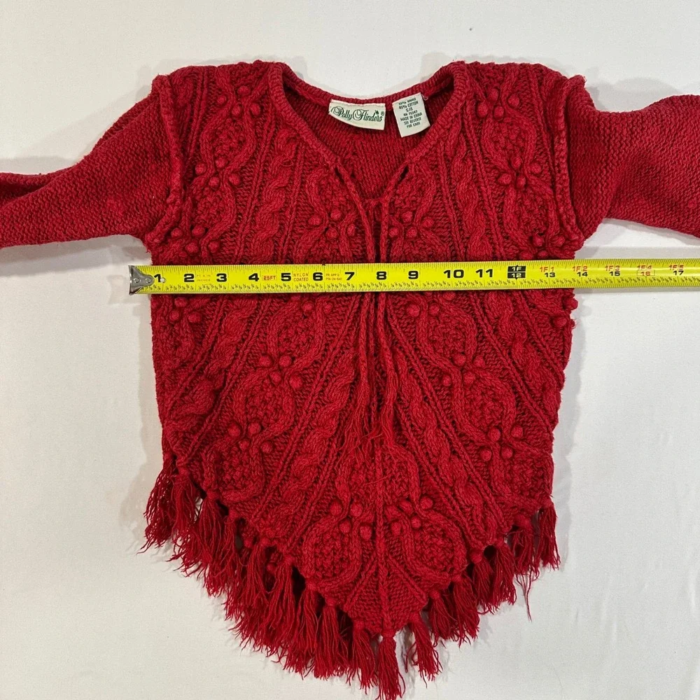 Polly Flinders Sweater Girls S/4 Red Ramie Cotton Cable Knit Fringe Boho Vintage